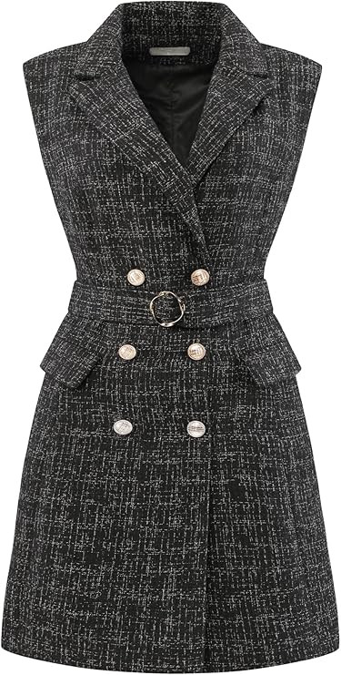 Women's Sleeveless Tweed Dress Collared Belted Button Down Work Blazer Dresses | Amazon (US)