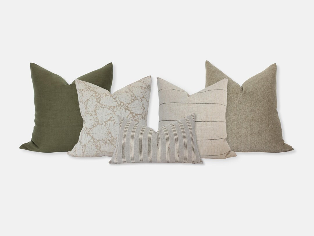Neutral and Green Throw Pillow Set, Olive Green Pillow Covers, Sofa Pillow Combination, Throw Pil... | Etsy (US)