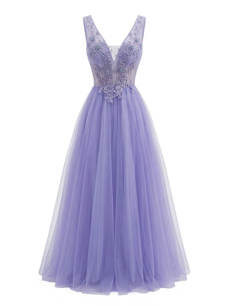 Purple 1950s Tulle V-Neck Embroidered Maxi Dress | Retro Stage