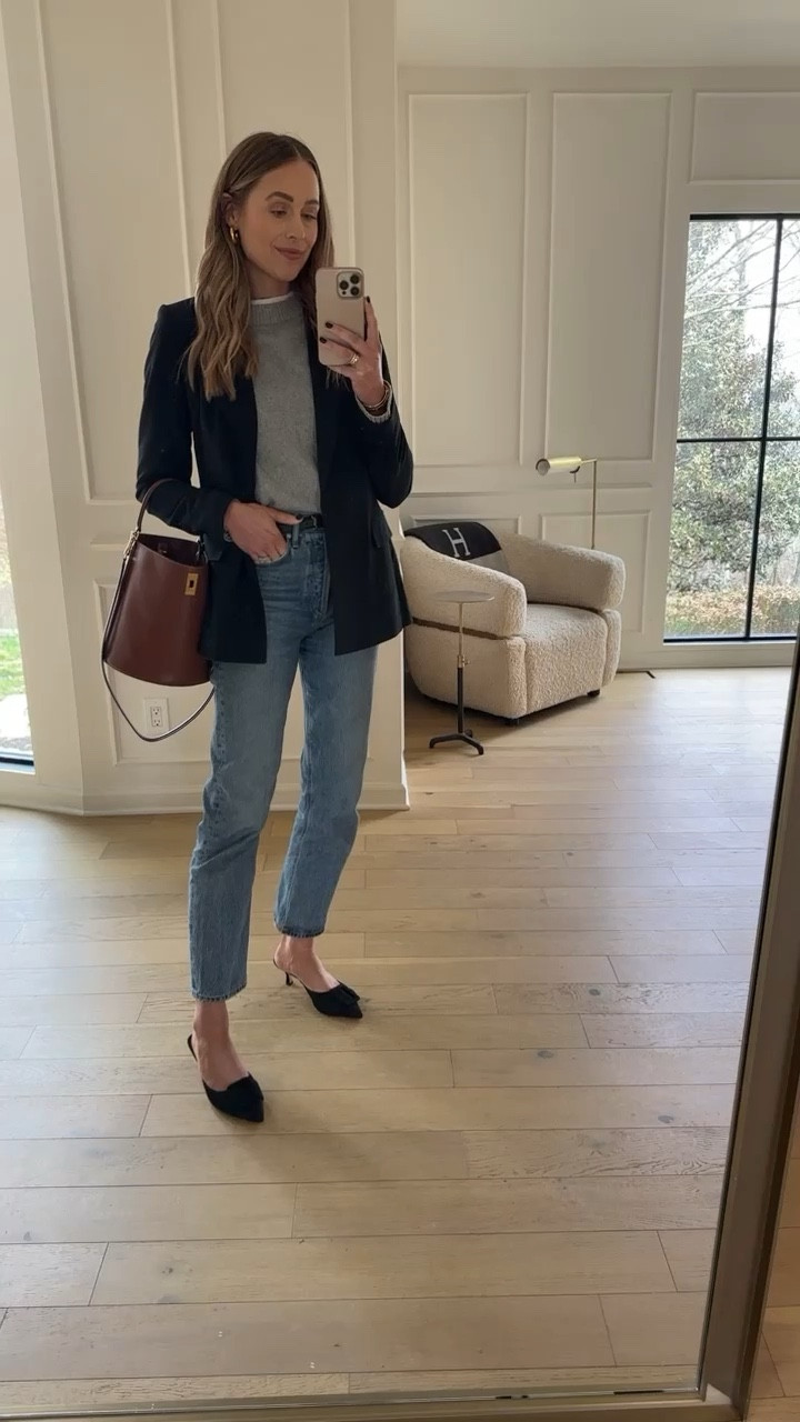 Fashion Jackson wearing business casual outfit, black blazer (small), AGOLDE jeans, black mules, Celine belt bag, grey sweater (JACKSON15 discount) #fashionjackson #dailylook #springoutfits #workoutfit  

#LTKworkwear #LTKunder100 #LTKstyletip