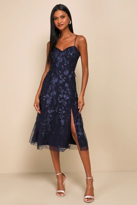 Charmingly Sophisticated Navy Blue Tulle Embroidered Midi Dress | Lulus