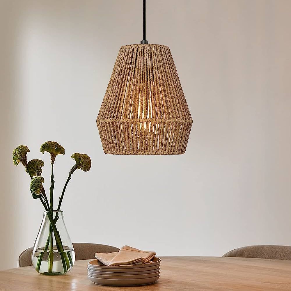 ELYONA Woven Pendant Lights, 7” Rustic Rattan Hanging Lamp Adjustable Handwoven Basket Shade, B... | Amazon (US)