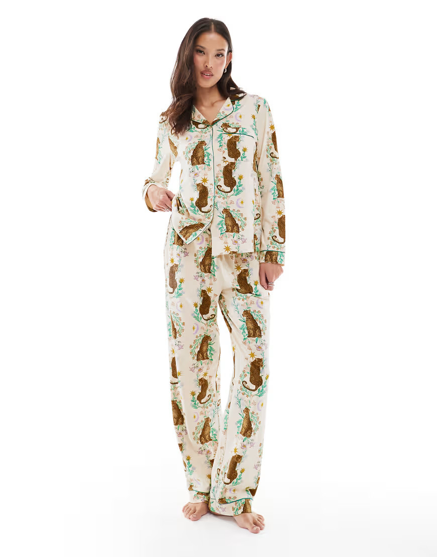 Chelsea Peers long sleeve camp collar shirt and pants pajama set in botanical tiger print-White | ASOS (Global)