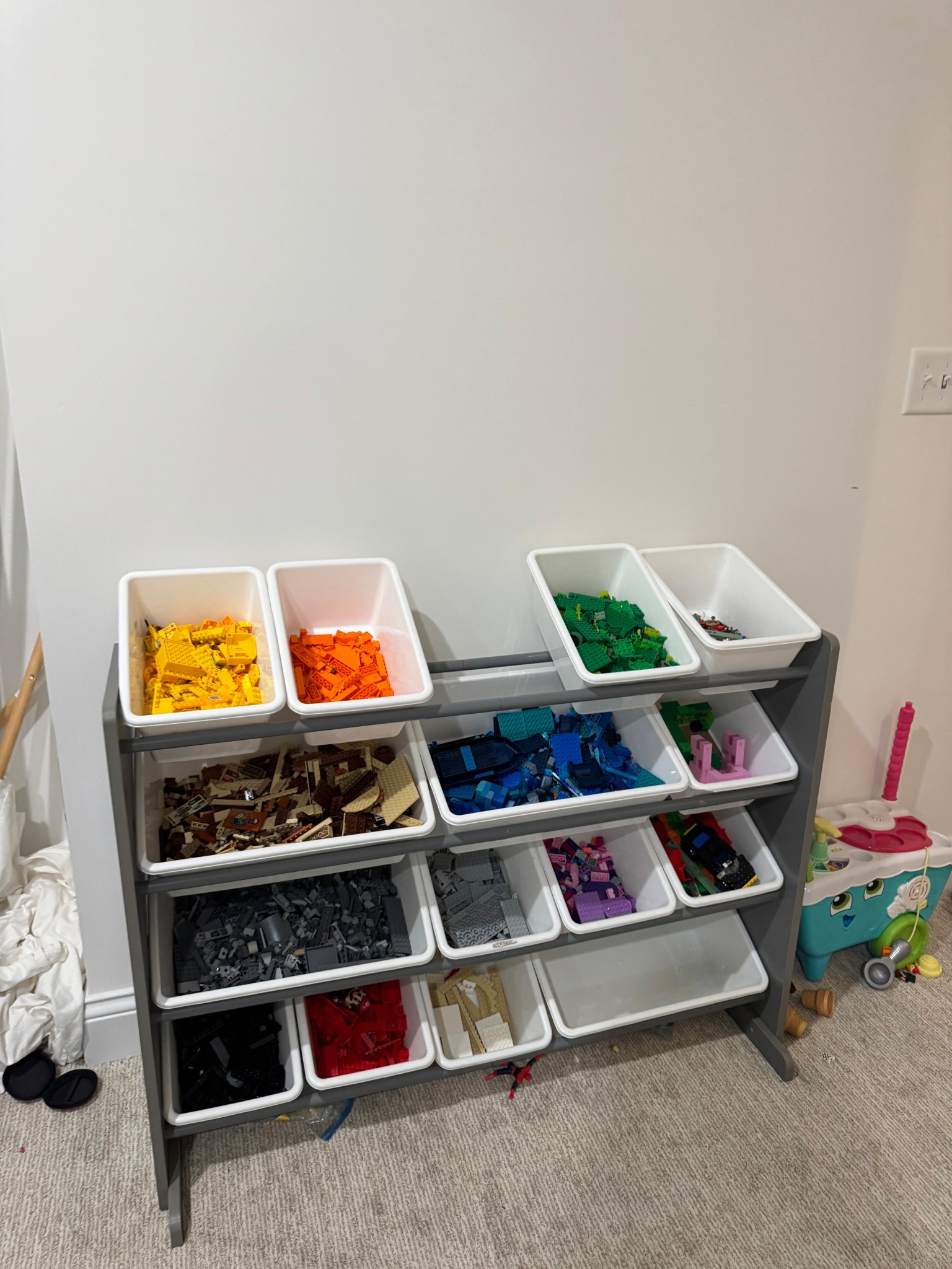 This has been our favorite way to organize the boys Legos love that we can organize them by color and the kids can take them out to find certain pieces and then the cleanup seems to be really easy.