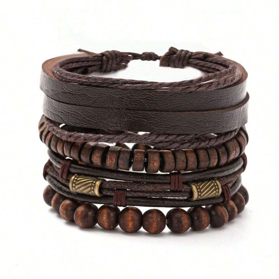 4pcs/set Retro Stylish Multilayer Wooden Beaded Men's Bracelet | SHEIN