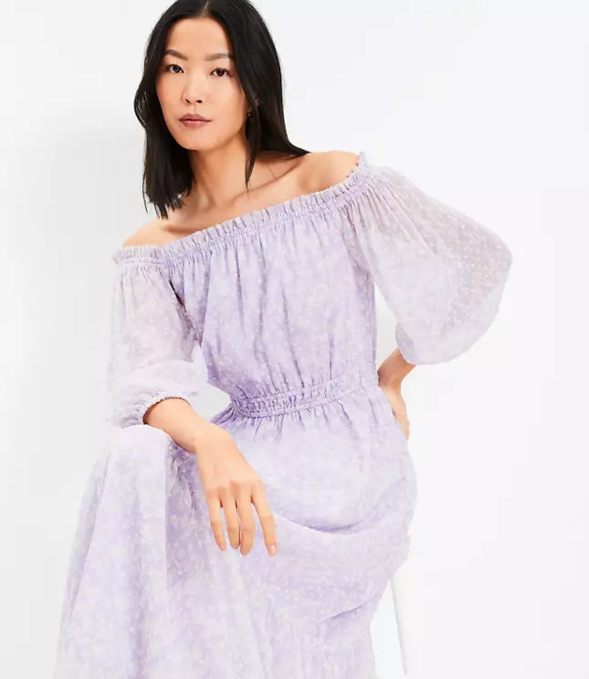 Floral Balloon Sleeve Off The Shoulder Midi Dress | LOFT