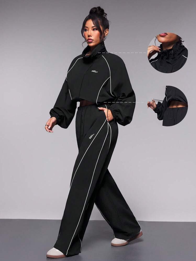 Exploreva Women Contrast Trim Drawstring Hem Jacket With Long Pants Activewear Set Tracksuits Set | SHEIN