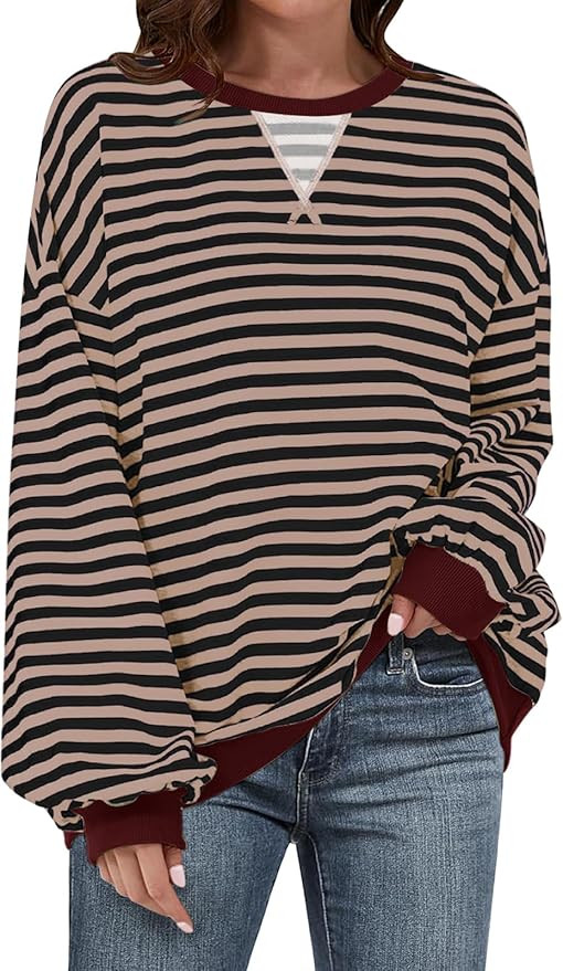 UEU Women Striped Oversized Sweatshirt Color Block Crewneck Long Sleeve Pullover Top Fashion Tren... | Amazon (US)