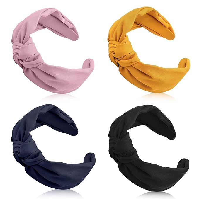 Chuangdi 4 Pieces Wide Knotted Headbands Knot Hairband Solid Color Plain Headband Knot Turban Hea... | Amazon (US)
