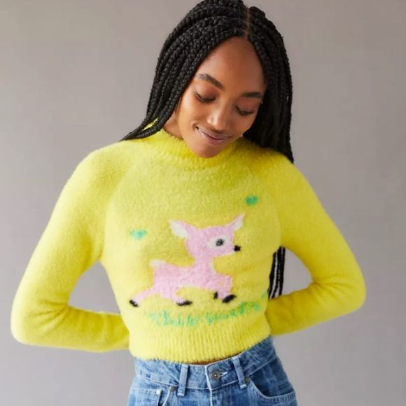 URBAN OUTFITTERS Cleo “This Sucks” Fuzzy Yellow Deer Sweater. Size M | Poshmark