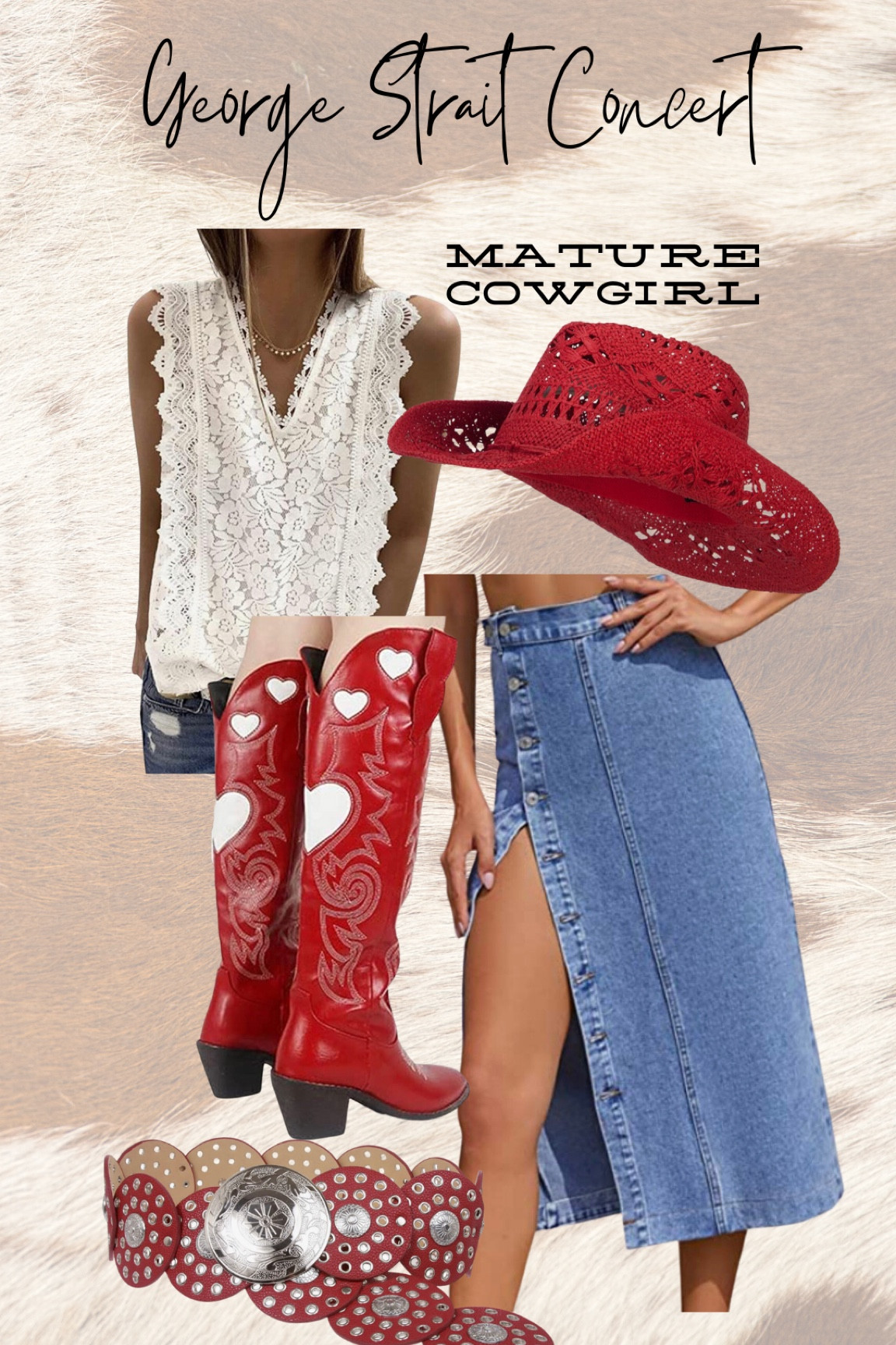 Mature cowgirl, George Strait, concert outfit, Inspo denim midi skirt red cowgirl, hat, heart, cowboy boots, lace, tank top, Summer style

#LTKunder100 #LTKunder50
