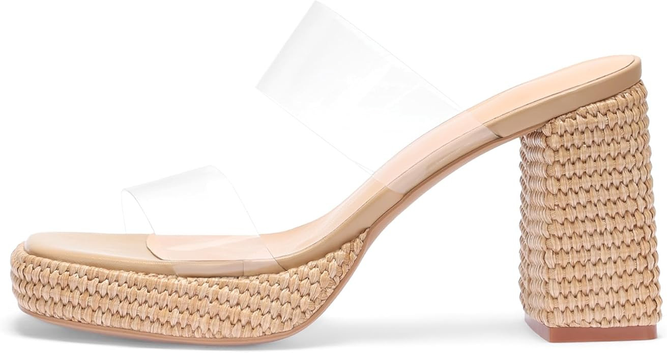 Monrovia Womens Raffia Heeled Sandals Slip On Open Toe Chunky Platform Heel Woven Double Strap Su... | Amazon (US)