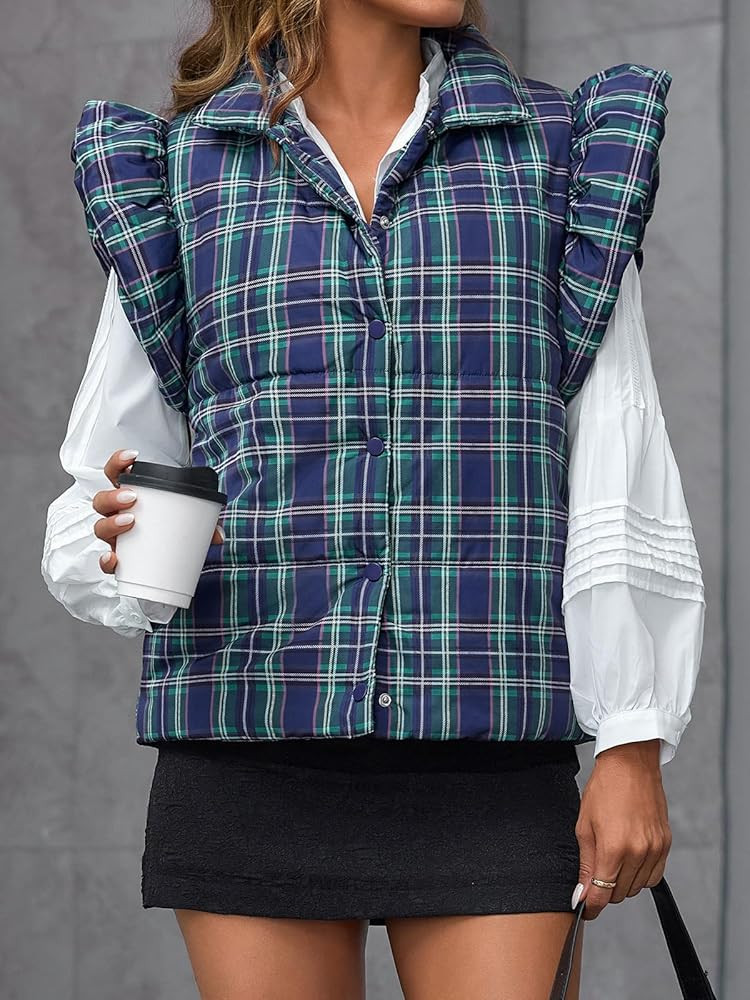 Tankaneo Womens Plaid Puffer Vests Ruffle Sleeveless Lightweight Quilted Vest Fall Winter Padded ... | Amazon (US)