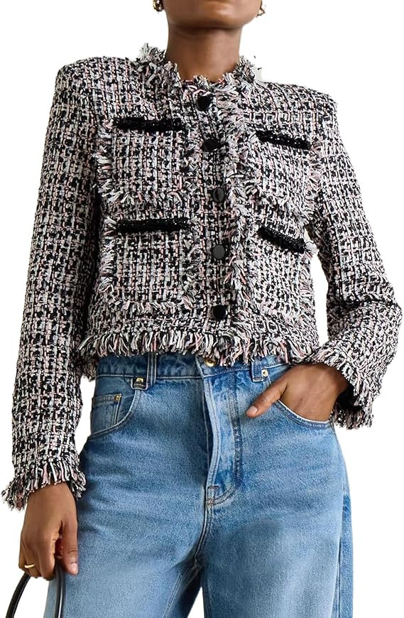 SCOFEEL Womens Tweed Blazer Jacket Long Sleeve Work Suit Coat Fray Hem Fall Elegant Office Outerw... | Amazon (US)