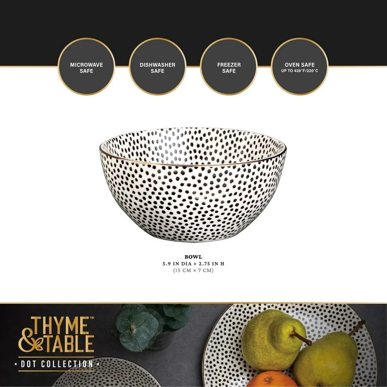 Thyme & Table Dinnerware Black & White Dot Stoneware Round Bowl - Walmart.com | Walmart (US)
