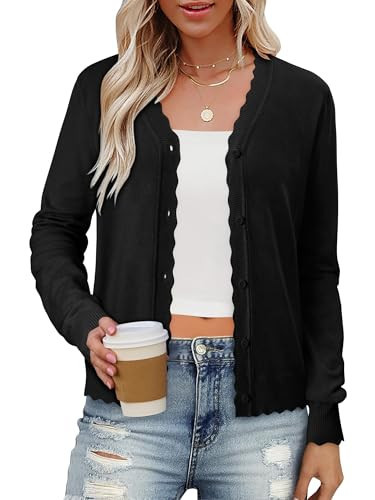 onlypuff Black Button Down Cardigan Sweater for Women Dress Sweater V Neck Open Front para Mujer Work Trendy Clothes Knit M | Amazon (US)