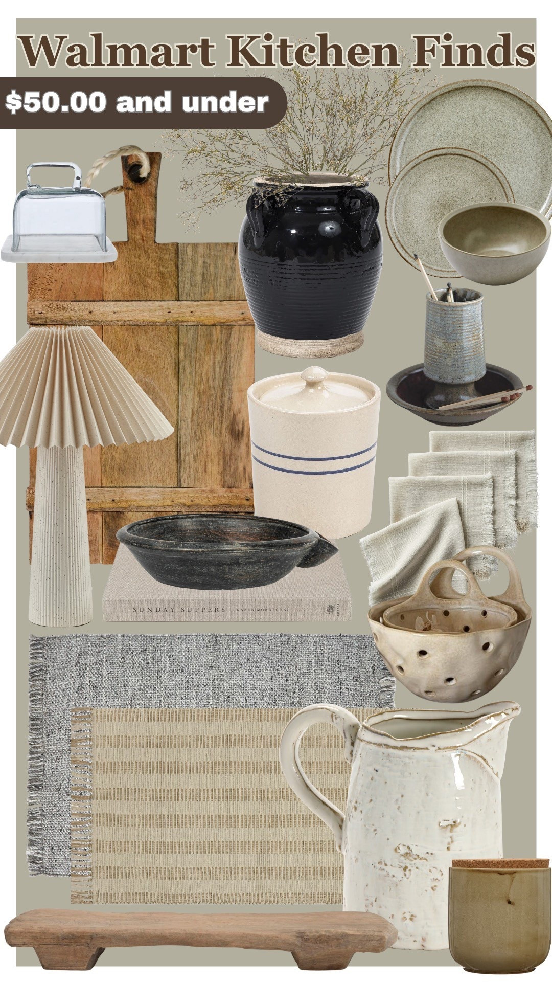 Walmart Home Decor $50 and under | Walmart kitchen decor | kitchen counter styling | stoneware | warm neutrals | organic | match holder | kitchen rug | ceramic canister | wood pedestal | berry bowl | kitchen lamp | vase | pottery barn look for less | cutting board | McGee & co | plate set | $50 or less | jug vase | affordable stems | better homes and gardens 

#LTKFindsUnder50 #LTKHome #LTKFindsUnder100