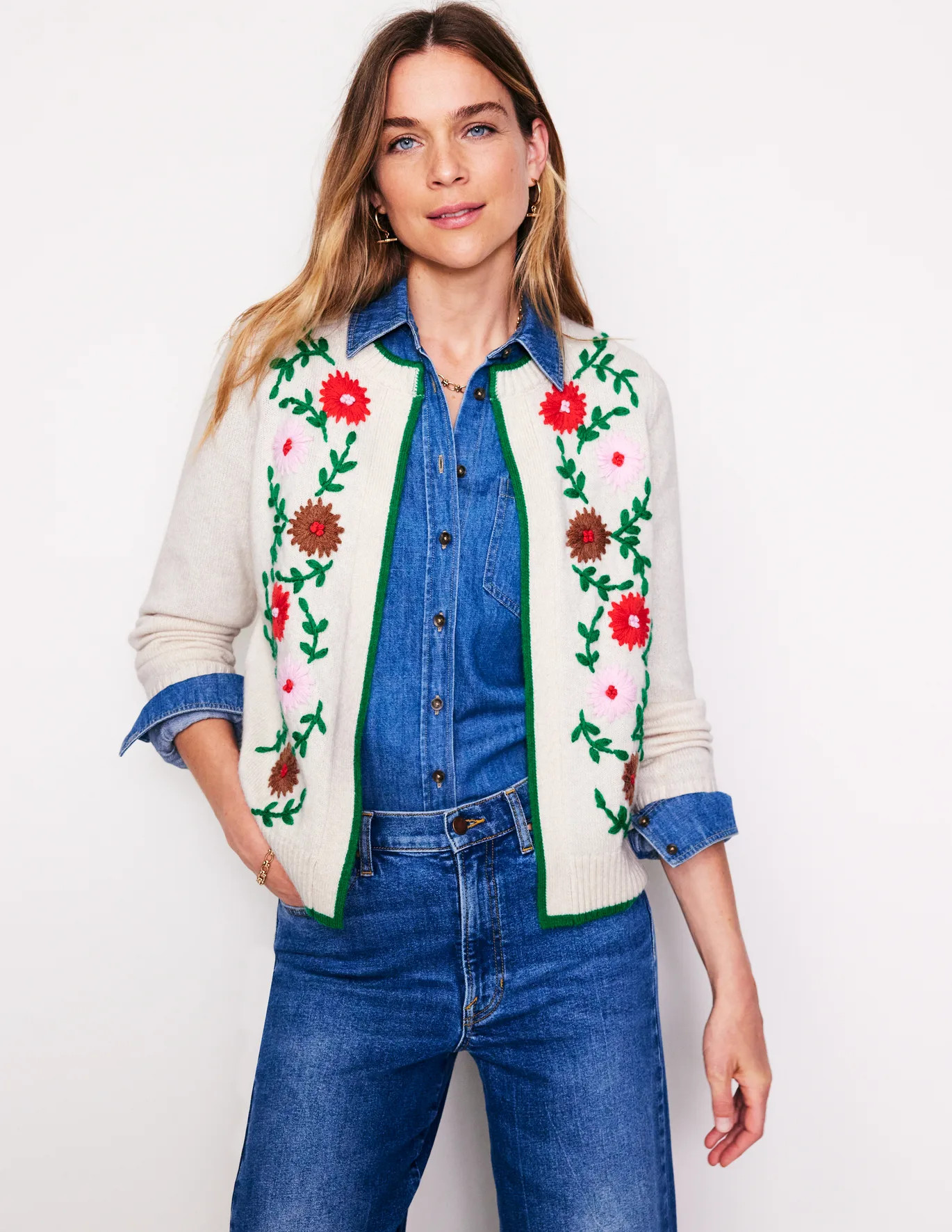 Flower Embroidered Cardigan - Warm Ivory | Boden US | Boden (US)