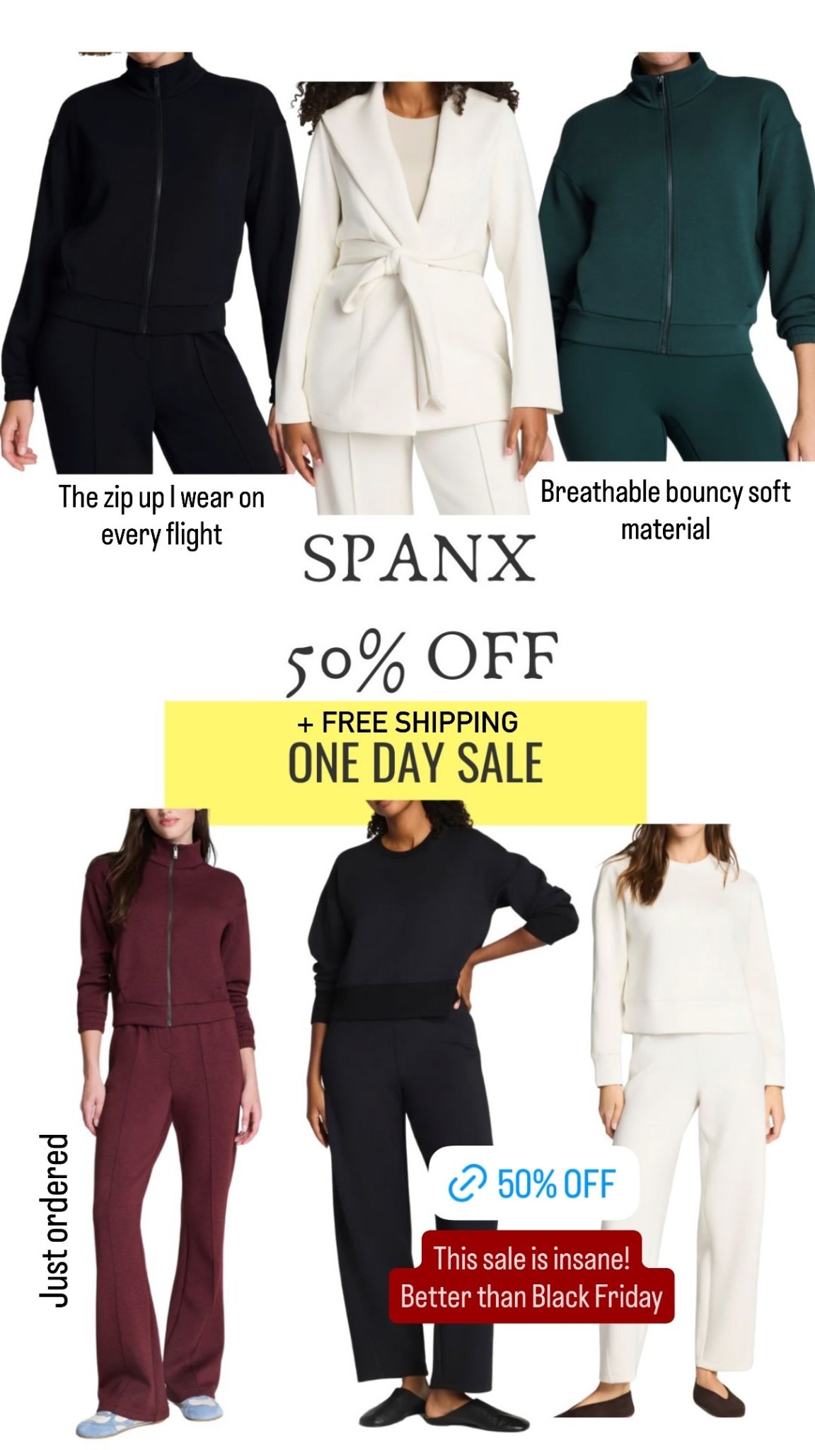Spanx 50% off Better than Black Friday sale
Breathable bouncy soft material + FREE SHIPPING
@spanx 

#LTKTravel #LTKPetite
