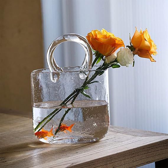 Hewego Clear Bag Glass Vases with Elegant Purse Design,Clear Glass Vases with Handle and Bubbles ... | Amazon (US)