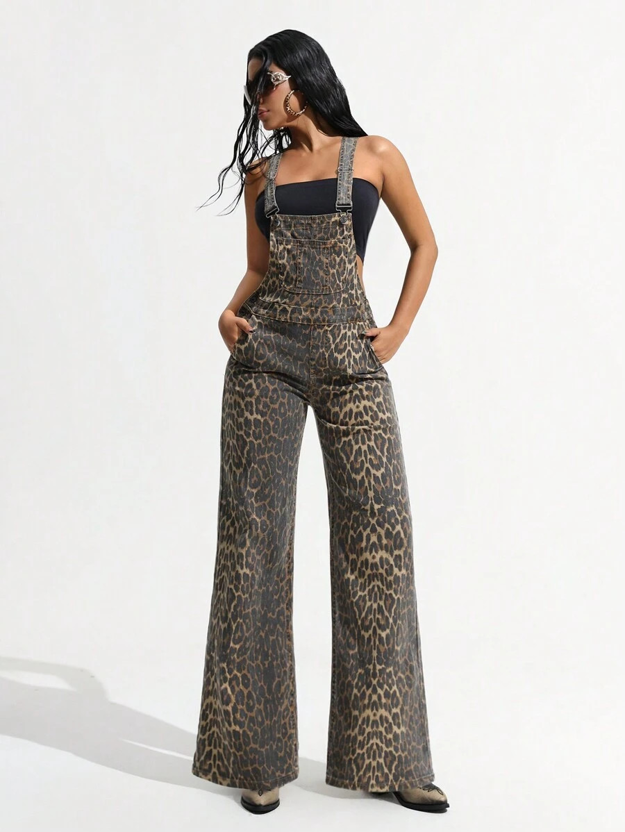 Jeanoix Early Autumn High Waist Straight Leg Baggy Leopard Print Overall Jumpsuit, Slimming & Ver... | SHEIN