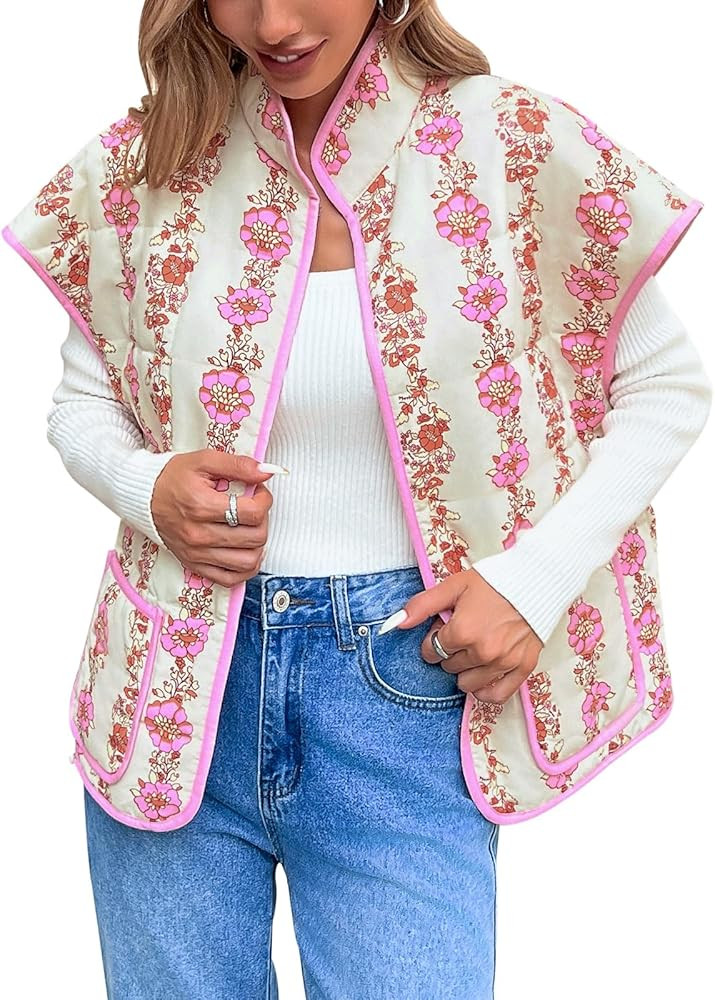 Tankaneo Womens Trendy Quilted Vests Outerwear Lightweight Floral Print Gilet Oversized Sleeveles... | Amazon (US)