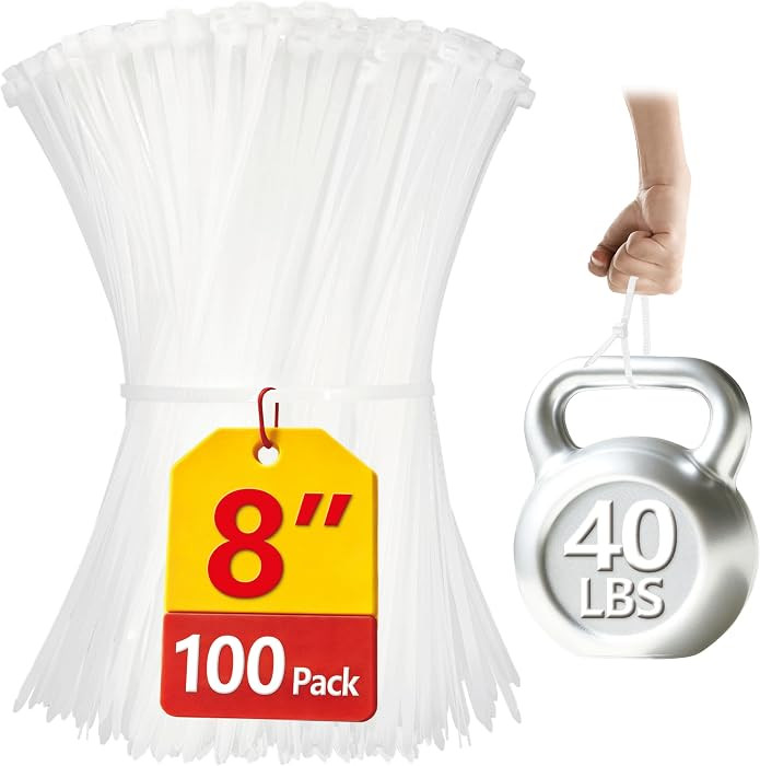 Clear Zip Ties 8 inch, 100 Pack, White Zip Ties, 40lbs, Zipties Clear, White Cable Ties, UV Resis... | Amazon (US)