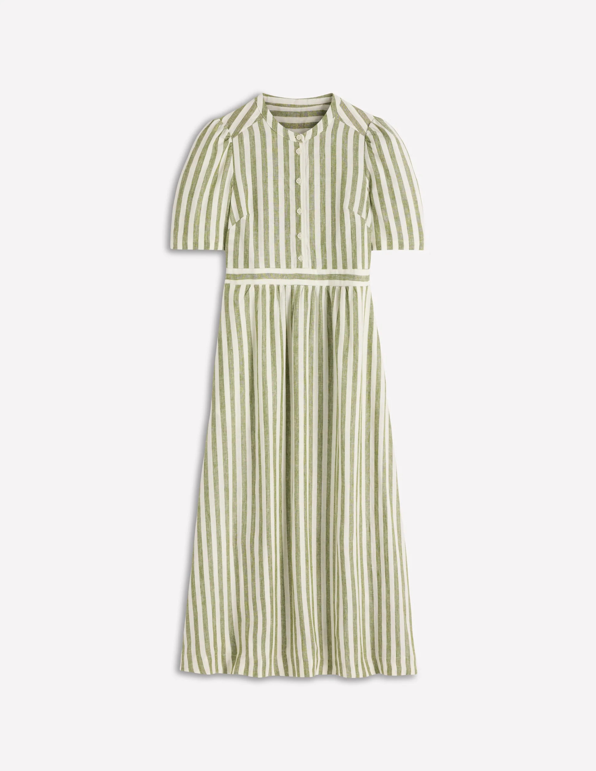 Ivy Placket Linen Midi Dress-Olive, Ivory Stripe | Boden (US)