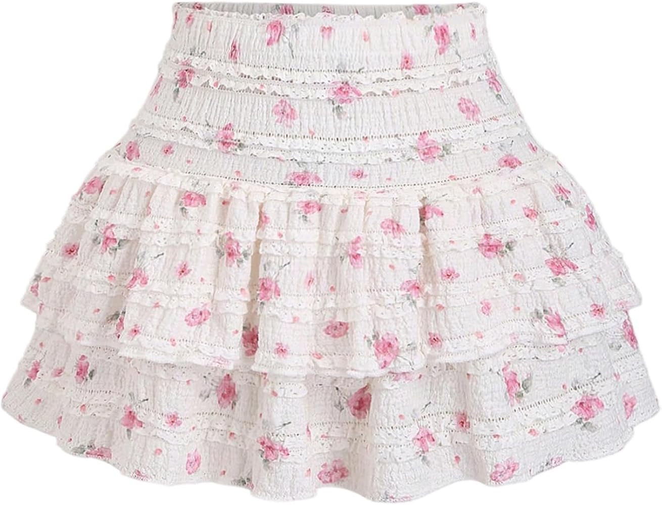 GORGLITTER Women's Flowy Floral Lace Trim Mini Skirt High Waisted Layered Ruffle Skirts | Amazon (US)