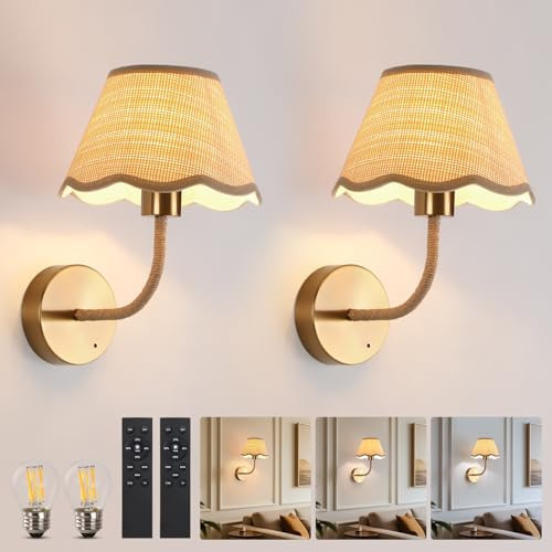 KUSSCO Battery Operated Gold Rattan Wall Sconces Set of Tow Rechargeable Wireless Battery Powered Large Boho Wall Lights with Grass-Woven Lampshade for Bedroom Living Room Entryway Hallway | Amazon (US)