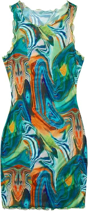 SOLY HUX Women's Sexy Tie Dye Sleeveless Lettuce Trim Sheer Mesh Bodycon Dress | Amazon (US)