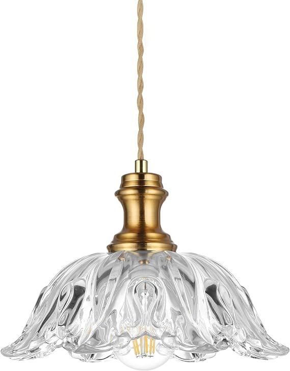 Gold Glass Pendant Lights, 10.6" 1-Light Vintage Hanging Light Fixtures with Flower Clear Glass, ... | Amazon (US)