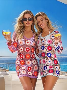 FAIRY SEASON Women's Crochet Beach Cover Up Dress Boho Bell Sleeve 3D Camellia Embroidery for Vac... | Amazon (US)