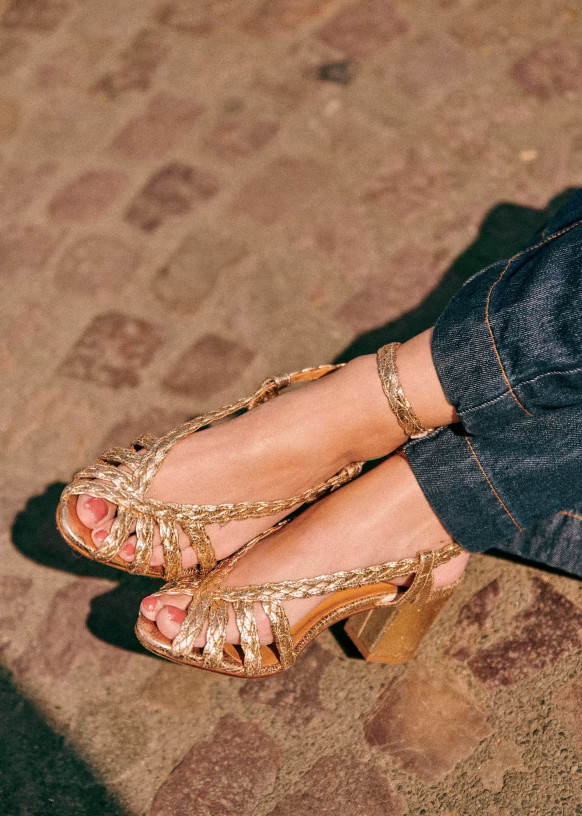 Natacha Sandals - Gold Smooth Braid - Crackled metallic goatskin leather - Sézane | Sezane Paris