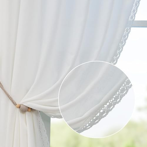 Jinchan White Linen Blend Curtains 90 Inches Long 2 Panels With Lace Trim for Living Room Bedroom - Rustic Farmhouse Rod Pocket Back Tab Light Filtering Window Set | Amazon (US)