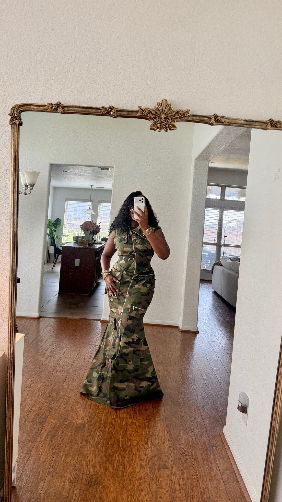 Army fatigue, but make it Gala. Wearing a L in this AKIRA dress. Imagine her with a nasty 5in heel, because she is very long! Or you can just have her trimmed at the bottom.