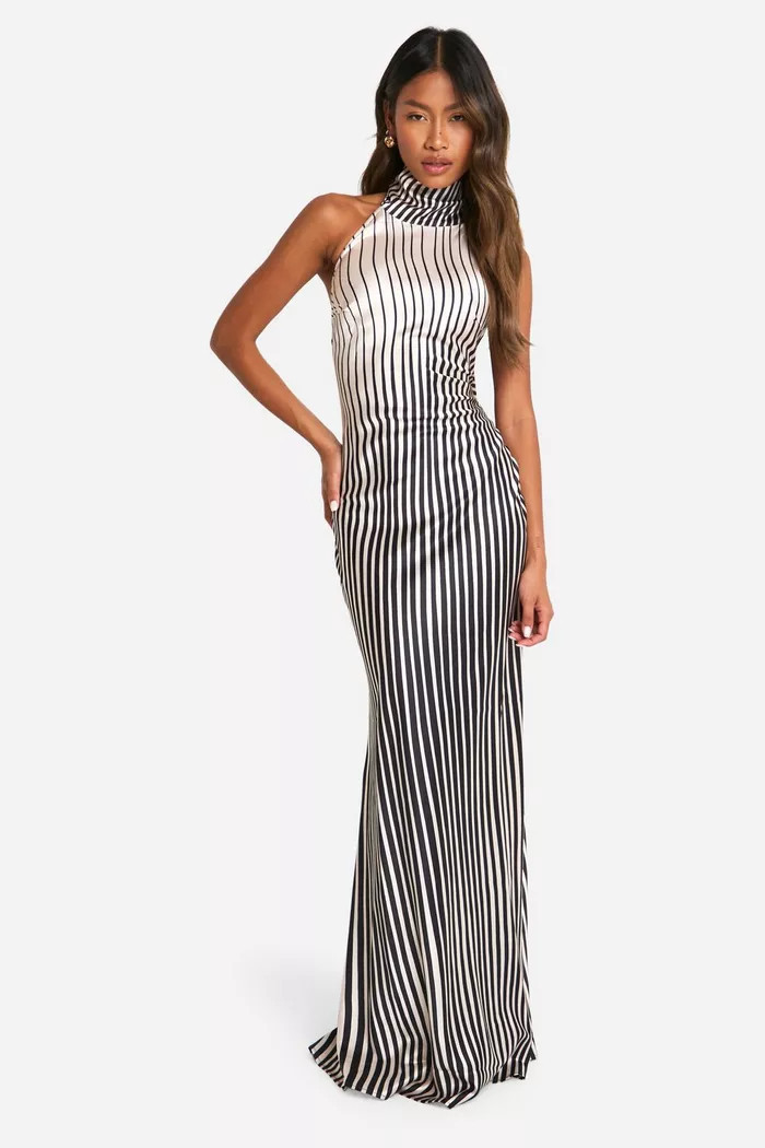 Satin Stripe Halter Maxi Dress | boohoo (US & Canada)