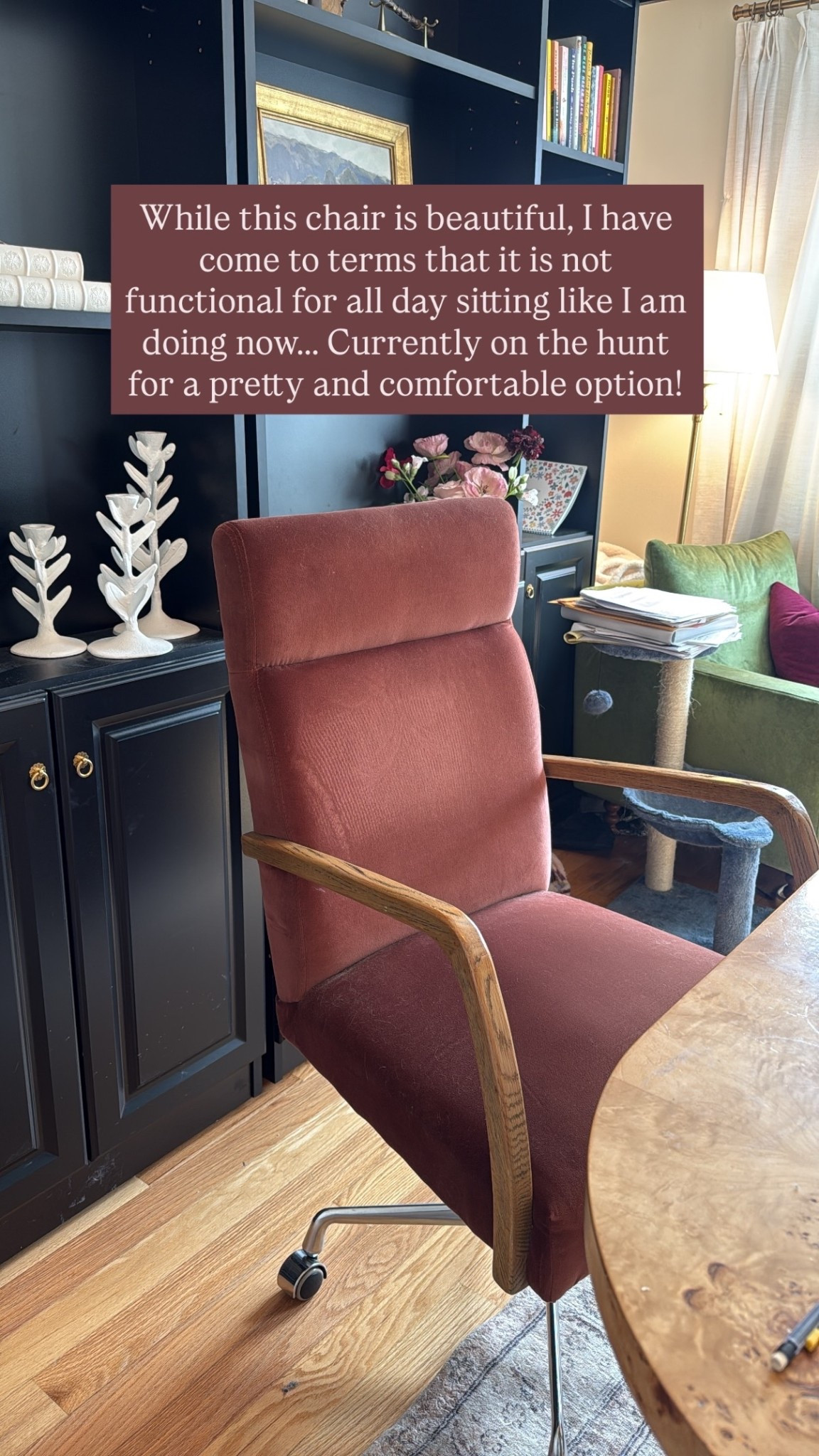 @bestbuy @staples @officedepot @wayfair @wayfaircreators @bedbathandbeyond  While this chair is beautiful, I have come to terms that it is not functional for all day sitting like I am doing now……. Currently on the hunt for a pretty and comfortable option!