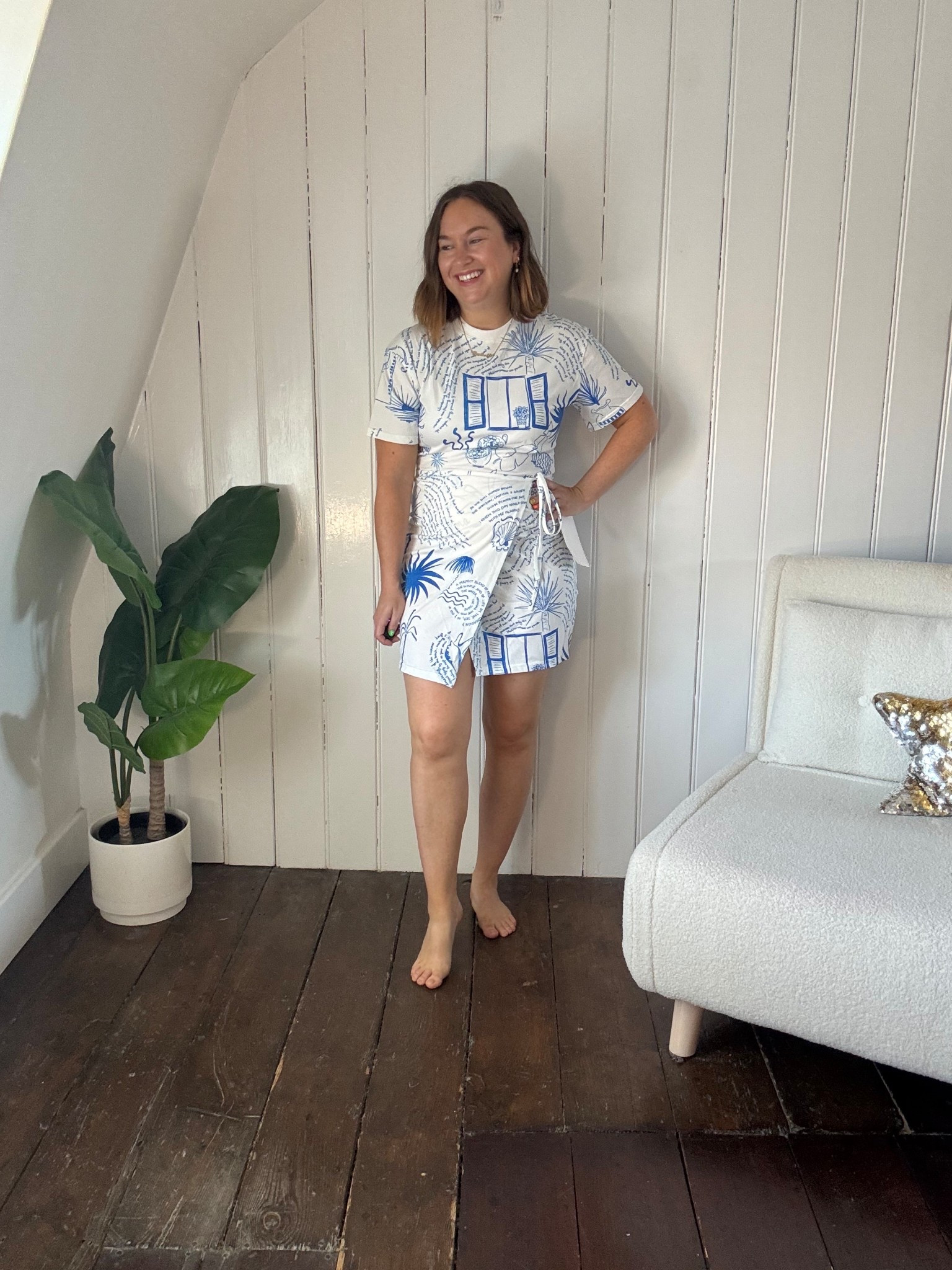  T-Shirt Dress
Wearing a size small. Fits nicely on top but a bit snug on the bottom. I really love the cut and the print though. 

#LTKpetite #LTKstyletip #LTKuk