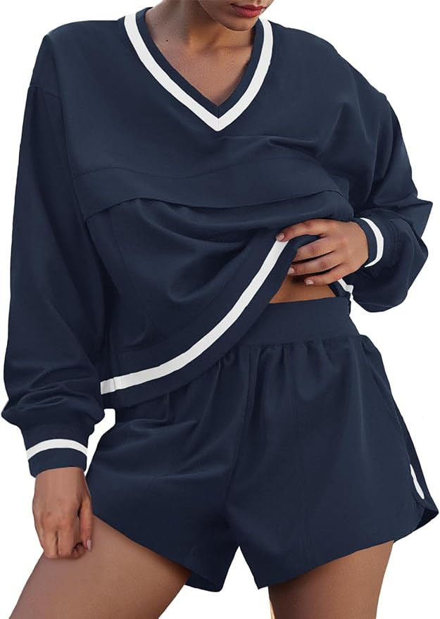 Fisoew Womens 2 Piece Outfits Long Sleeve V Neck Sweatshirt High Waist Running Shorts Sets Loose ... | Amazon (US)