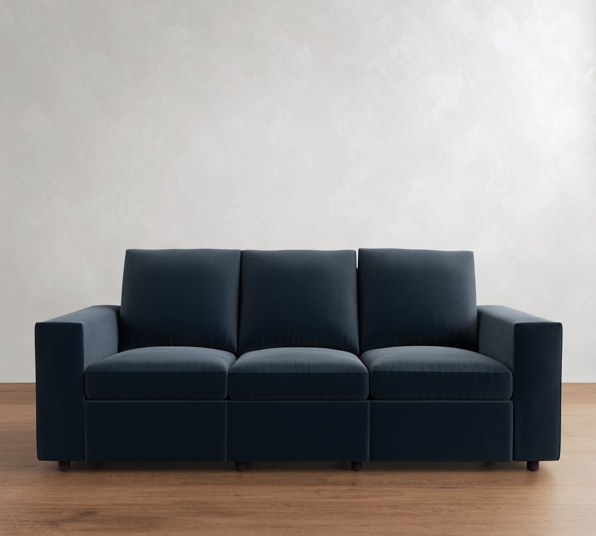 Dream Square Arm Motion Upholstered Power Reclining Sofa, Down Blend Wrapped Cushions, Performance Everydayvelvet™ Ink Blue | Pottery Barn (US)
