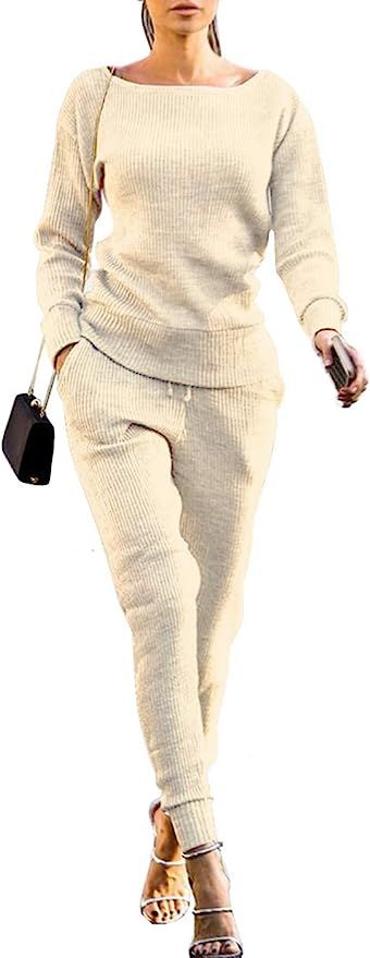 VNVNE Womens Fall Rib-Knit Pullover Sweater Top & Long Pants Set 2 Piece Outfits Tracksuit | Amazon (US)
