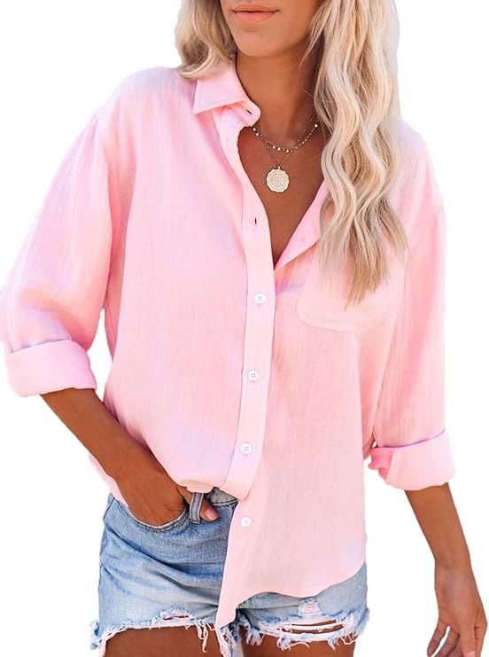 Paintcolors Women's Button Up Shirts Cotton Roll-Up Sleeve Blouses V Neck Casual Tunics Solid Col... | Amazon (US)