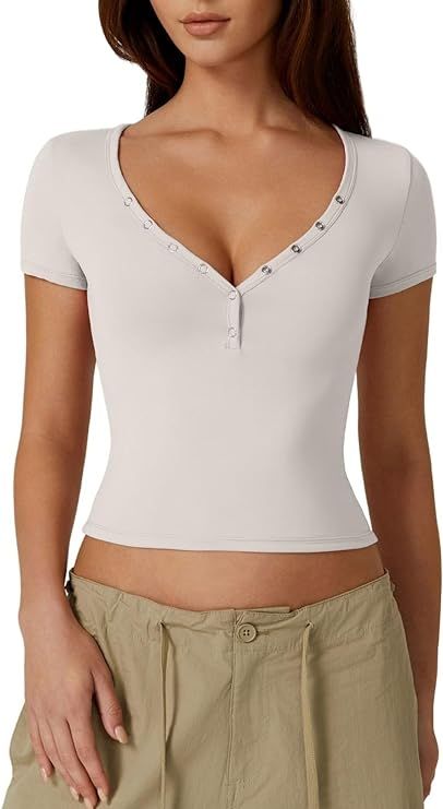 QINSEN Women's Sexy Short Sleeve Henley T Shirts Double Lined Button Up Slim Fit Crop Top Y2K Goi... | Amazon (US)
