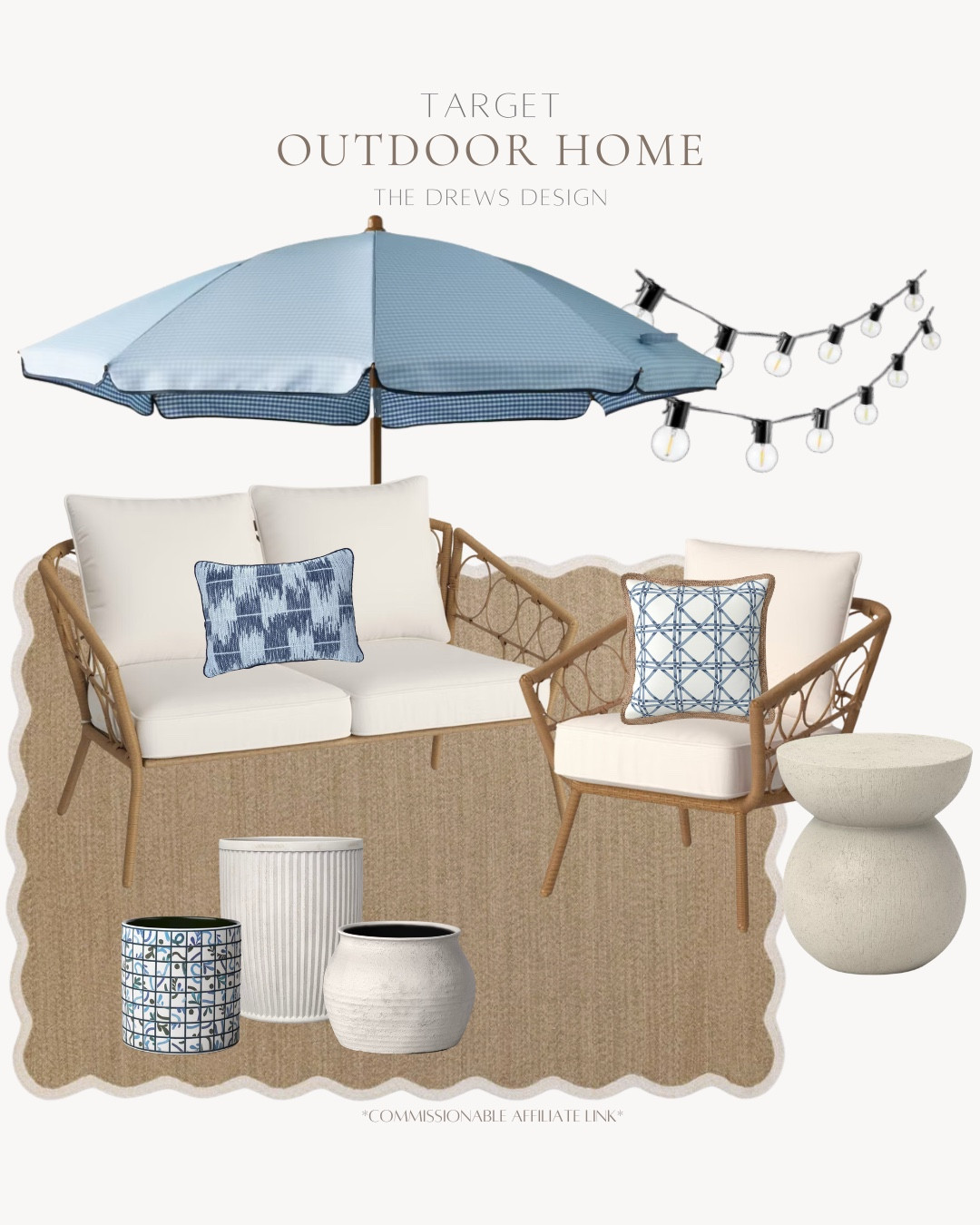 Target outdoor home finds include umbrella, string lights, outdoor rug, outdoor pillows, planters, outdoor furniture.

Home decor, looks for less, outdoor home decorr