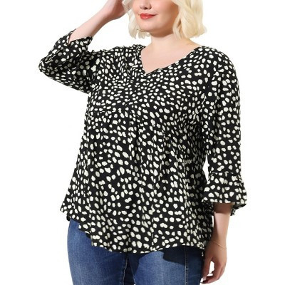 Women's Plus Size Polka Dots Peplum High Low Hem V Neck 3/4 Ruffle Sleeve Casual Babydoll Tops - Agnes Orinda 2X Black | Target