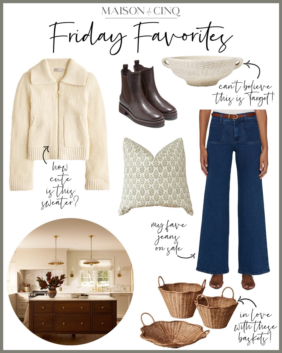 This week on Friday Favorites we’re sharing gorgeous sweaters on sale, my fave flattering jeans, adorable finds from the new Studio McGee x Target drop, and more!

Home decor, winter fashion, winter outfit, wide leg jeans, Throw pillows, baskets, vase, rustic bowl, coffee table decor 

#LTKFindsUnder50 #LTKHome #LTKSeasonal