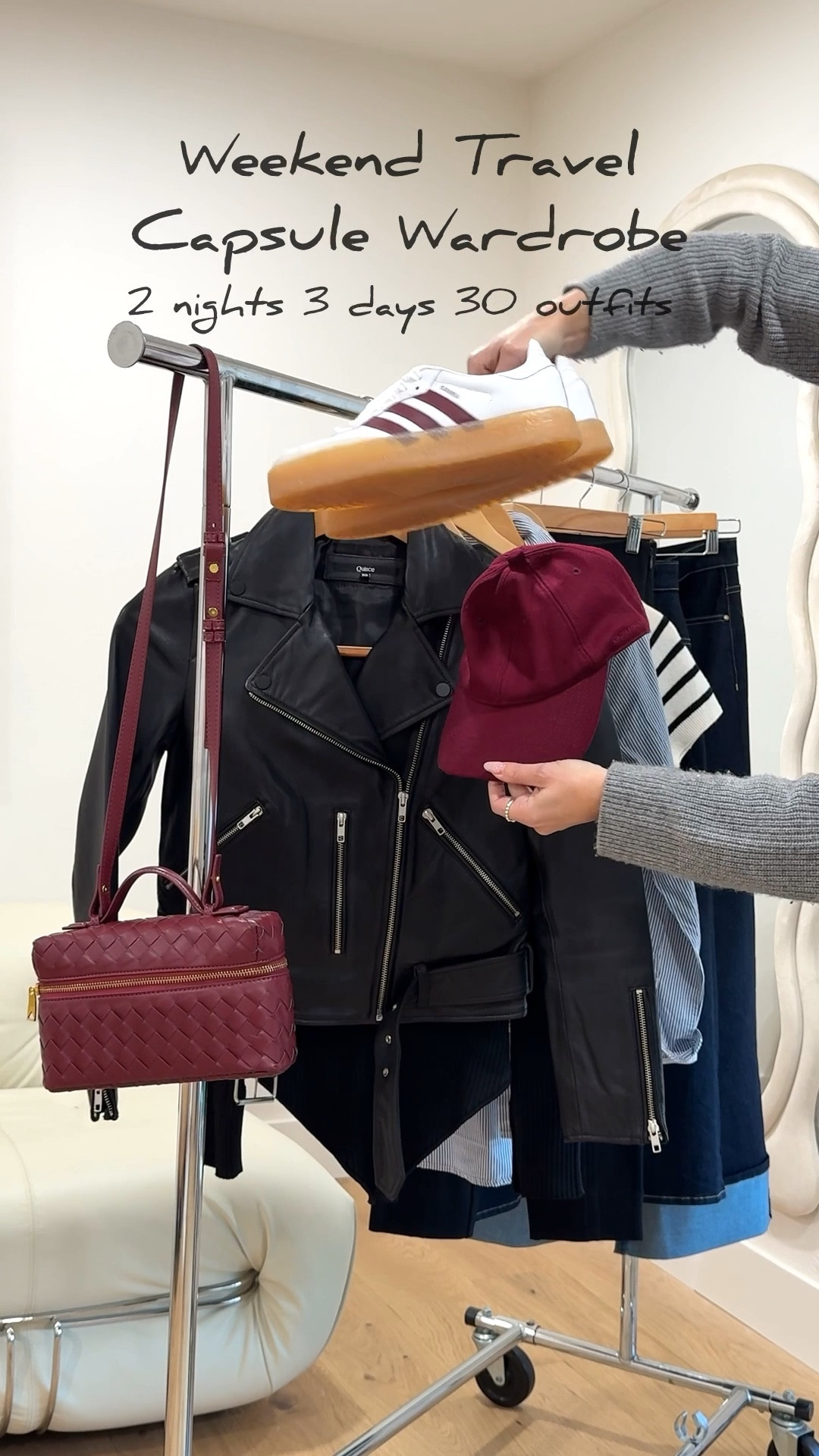 2 Nights 3 Days 30 Outfits
Weekend Getaway Travel Capsule Wardrobe.

Customize your capsule and make all the outfits with your picks.
1. CC Dark Denim
2. Cardigan
3. Dressy Tee
4. Black Tank 
5. Button-Up
6. Slimming Black Pants 
7. Leather Jacket 

Download the lookbook and more shopping links here 

https://closetchoreography.com/3-ways-to-fix-a-boring-winter-wardrobe/