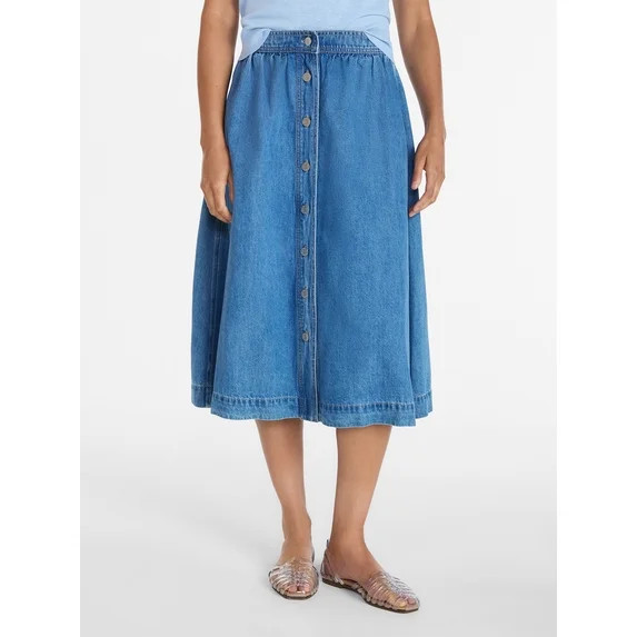 Time and Tru Women's Button Front Denim Midi Skirt, Sizes XS-XXXL | Walmart (US)