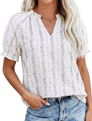 PRETTYGARDEN Summer Short Sleeve V Neck Shirts for Women 2026 Trendy Floral Print Loose Ruffle To... | Amazon (US)